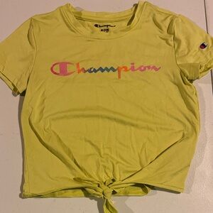Champion Girls' Yellow Short-Sleeve Tee with Multicolor Logo and Front Tie